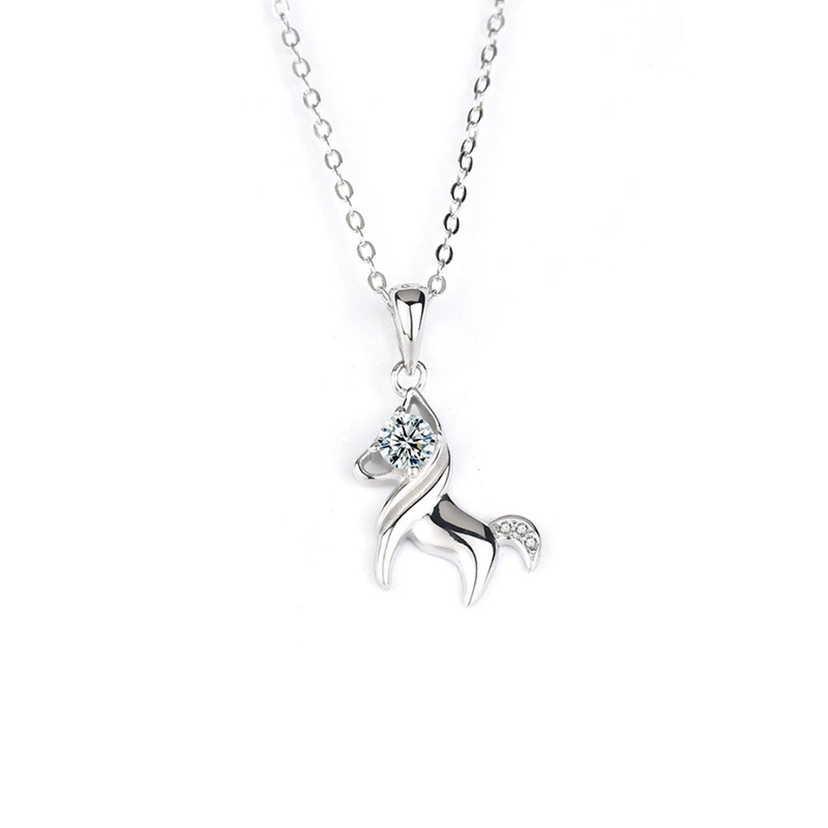 Horse Round Moissanite Necklace in Gold-Plated S925 sterling silver alternate metal color white background product view showing sculpted horse pendant accented with graduated round moissanite stones