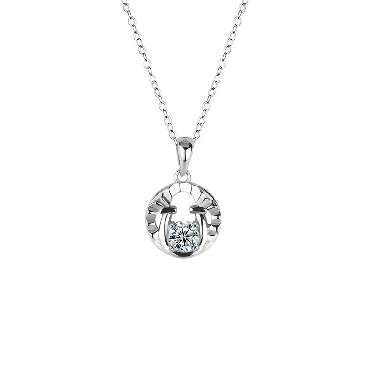 Horseshoe Round Moissanite Necklace in Gold-Plated S925 sterling silver alternate metal color white background product view showing open horseshoe pendant centered with a round moissanite