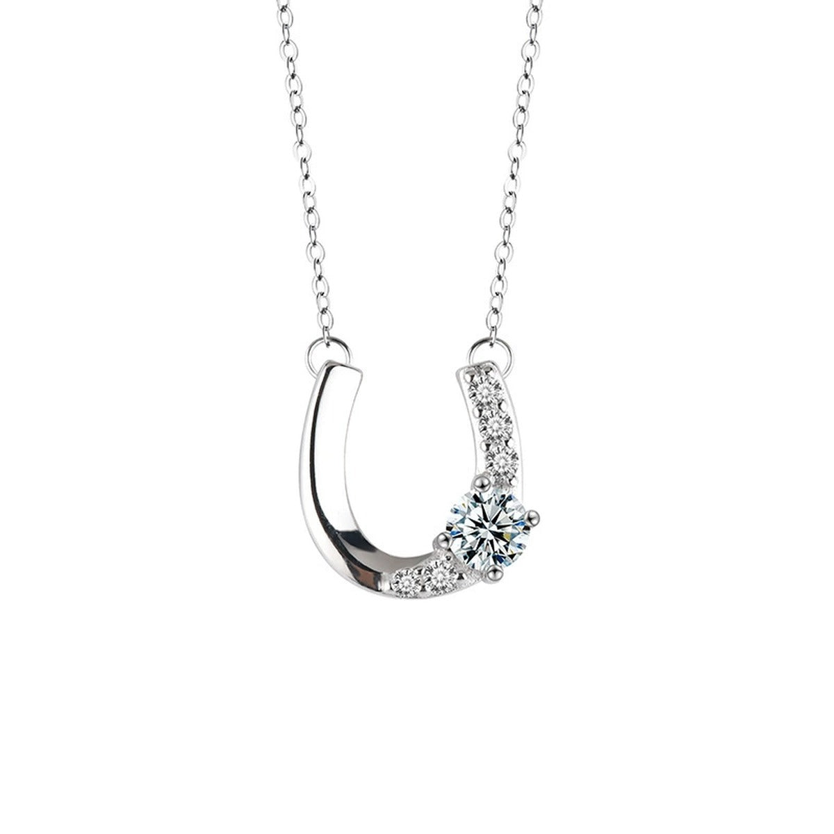 Horseshoe Round Moissanite Necklace with CZ in Gold-Plated S925 sterling silver alternate metal color white background product view showing asymmetrical horseshoe pendant swept with CZ around a round moissanite