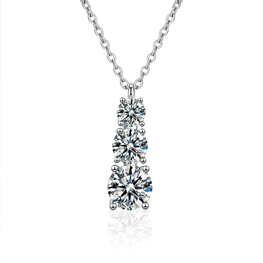 Vertical Three-Stone Moissanite Necklace in Gold-Plated S925 sterling silver white background product photo showing vertical three-stone pendant with round moissanite stones, offered in two chain types and two metal colors