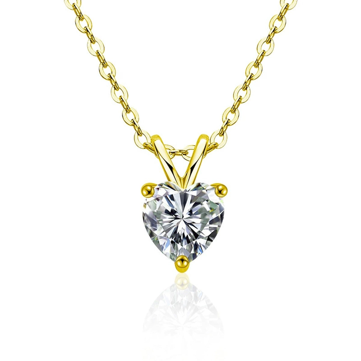 Heart Cut Moissanite Solitaire Necklace in Gold-Plated S925 sterling silver white background front product view showing a heart-cut solitaire held in a clean prong setting