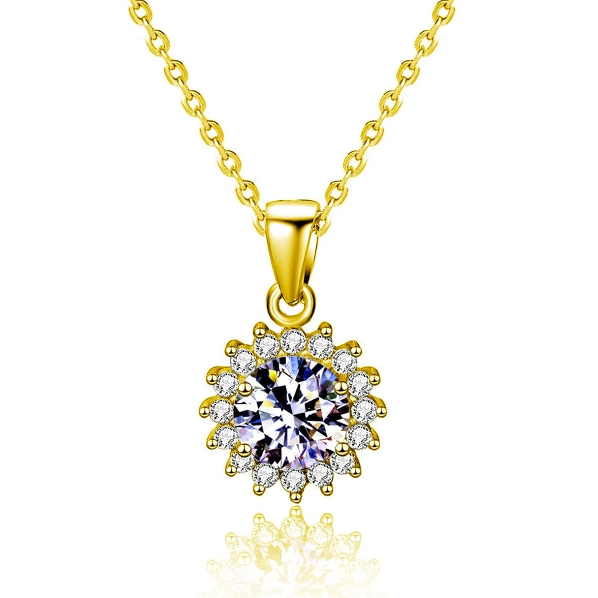 Sunflower Halo Round Moissanite Necklace with CZ in Gold-Plated S925 sterling silver white background front product view showing a sunflower-inspired halo surrounding a round moissanite