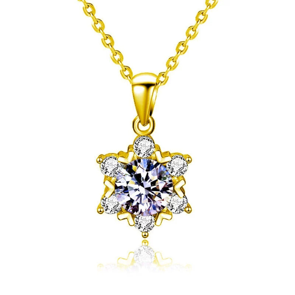 Snowflake Round Moissanite Necklace with CZ in Gold-Plated S925 sterling silver white background front product view showing a six-point snowflake silhouette around a round center stone