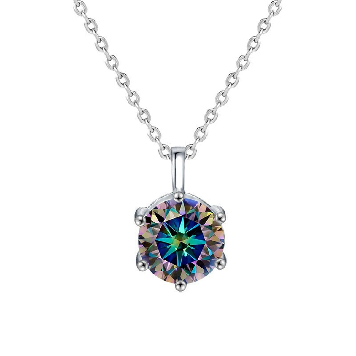 Six-Prong Round Moissanite Solitaire Necklace in Gold-Plated S925 sterling silver alternate metal color white background product view showing a classic six-prong solitaire with white or iridescent moissanite