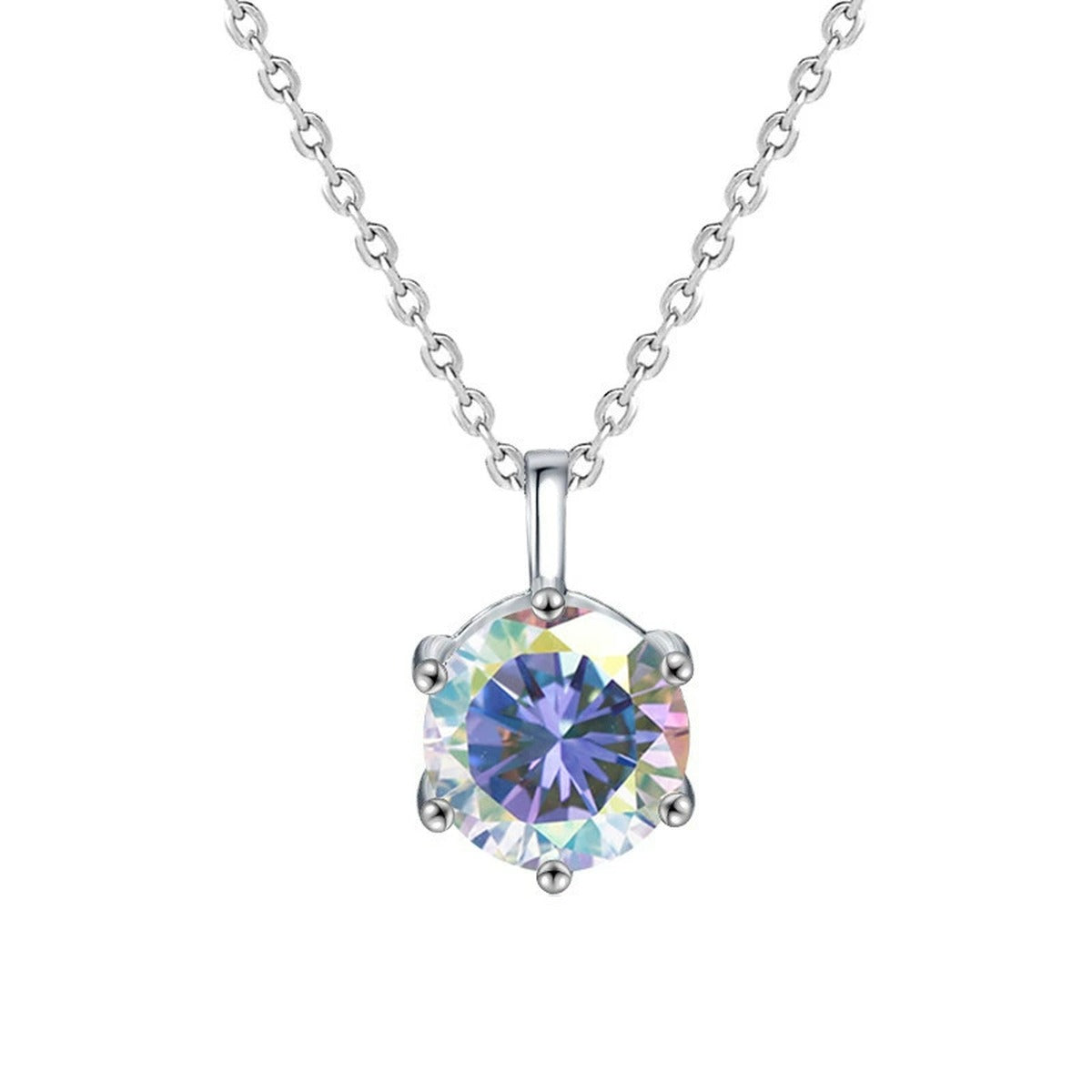 Six-Prong Round Moissanite Solitaire Necklace in Gold-Plated S925 sterling silver alternate metal color white background product view showing a classic six-prong solitaire with white or iridescent moissanite