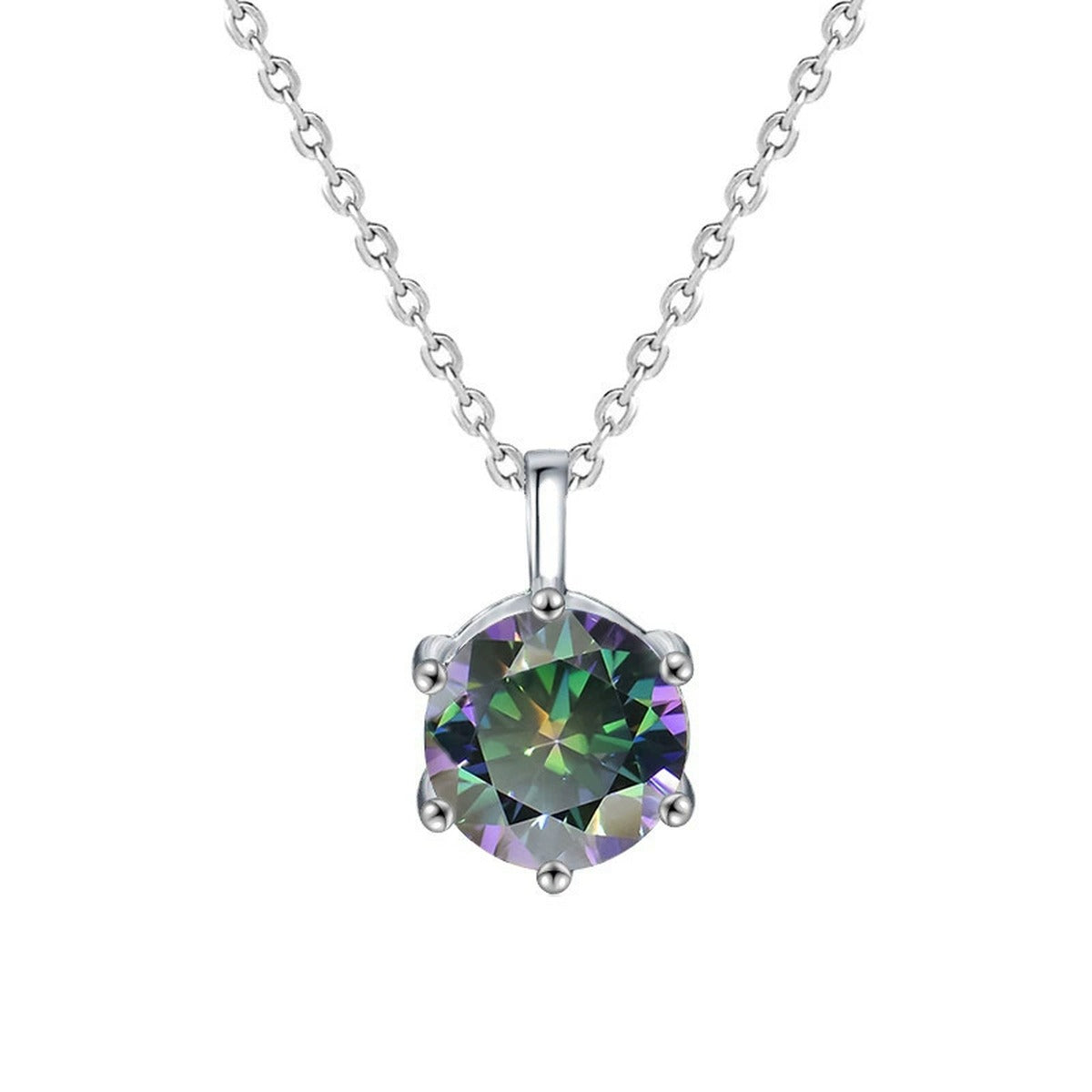 Six-Prong Round Moissanite Solitaire Necklace in Gold-Plated S925 sterling silver alternate metal color white background product view showing a classic six-prong solitaire with white or iridescent moissanite