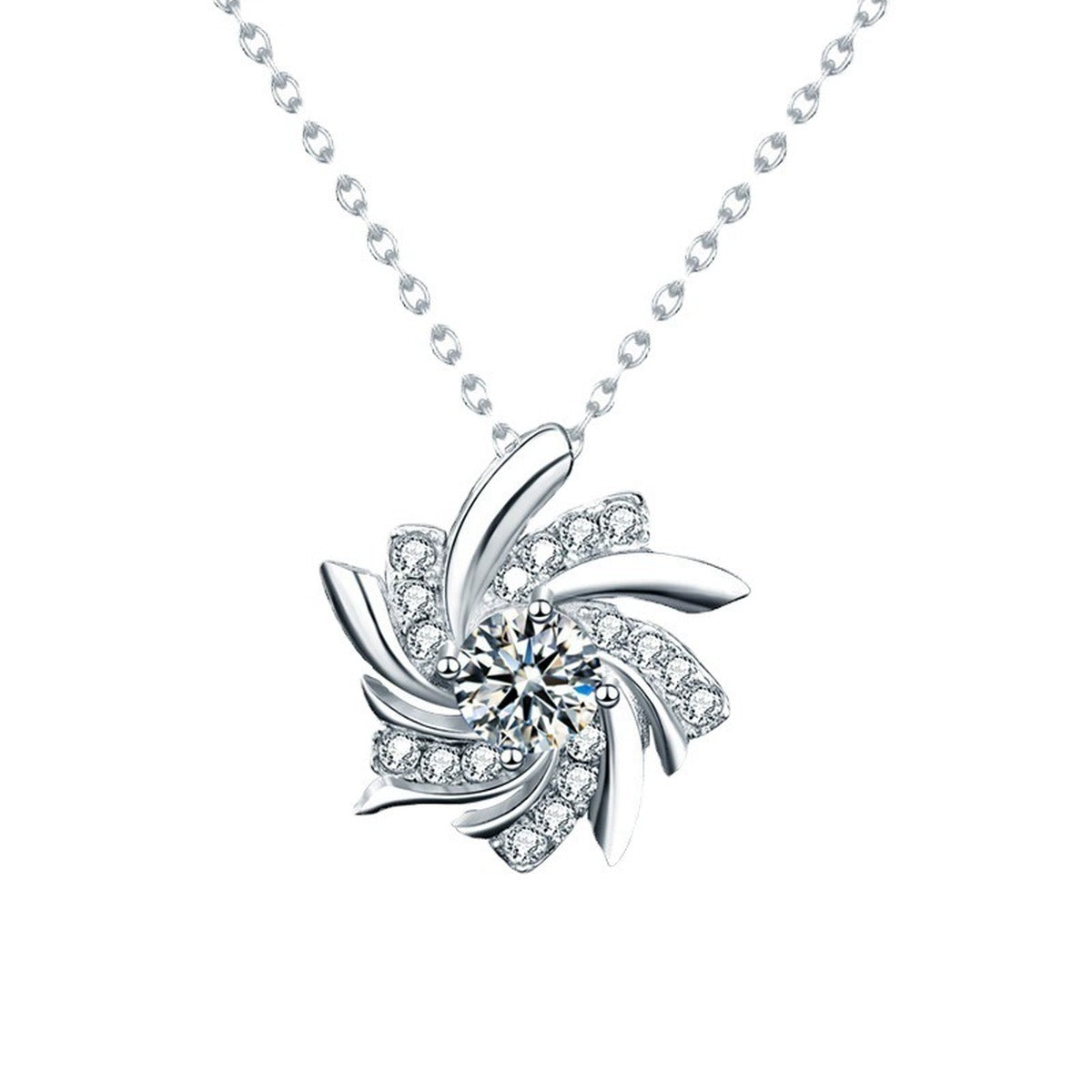 Pinwheel Round Moissanite Necklace with CZ in Gold-Plated S925 sterling silver white background product photo showing pinwheel pendant offered in white gold and yellow gold plating