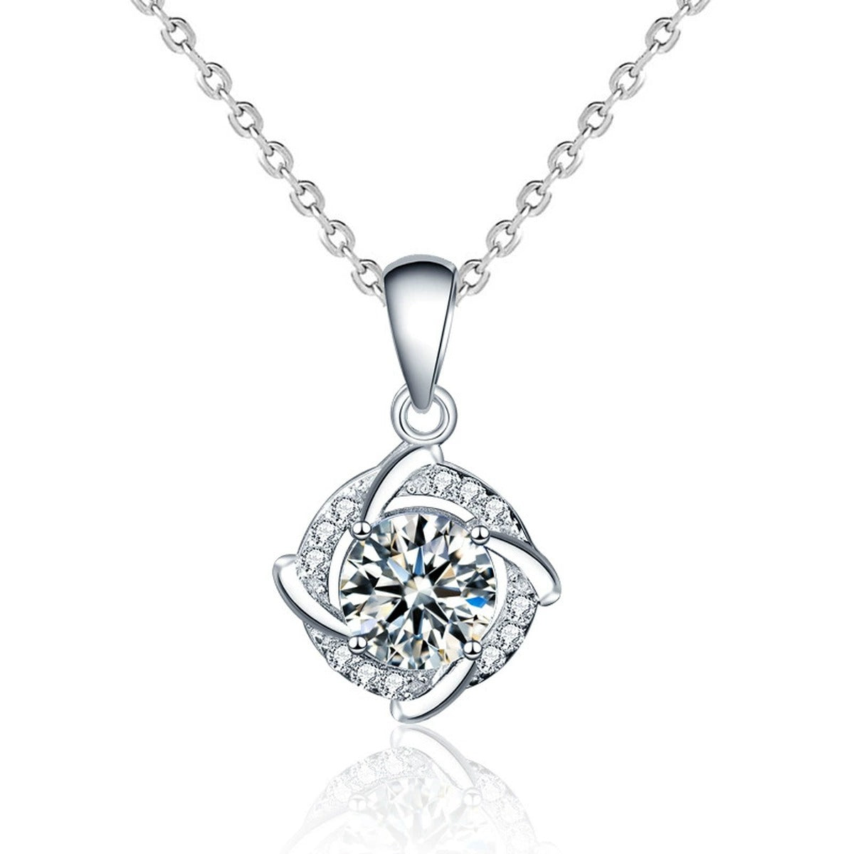 Pinwheel Round Moissanite Necklace with CZ in Gold-Plated S925 sterling silver close-up product scene showing pendant setting