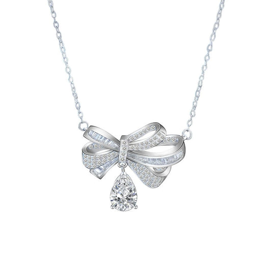 Bowknot Pear Moissanite Necklace with CZ in White Gold-Plated S925 sterling silver white background product photo showing large bowknot ribbon pendant with a pear-cut moissanite drop and CZ accents