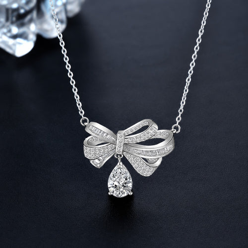 Bowknot Pear Moissanite Necklace with CZ in White Gold-Plated S925 sterling silver close-up product scene showing pendant setting