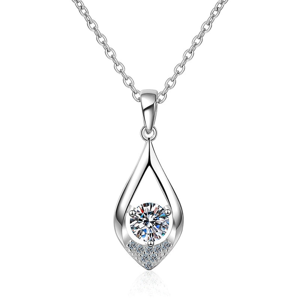 Teardrop Round Moissanite Necklace with CZ in White Gold-Plated S925 sterling silver white background product photo showing teardrop pendant with round moissanite center and CZ outline in two carat sizes