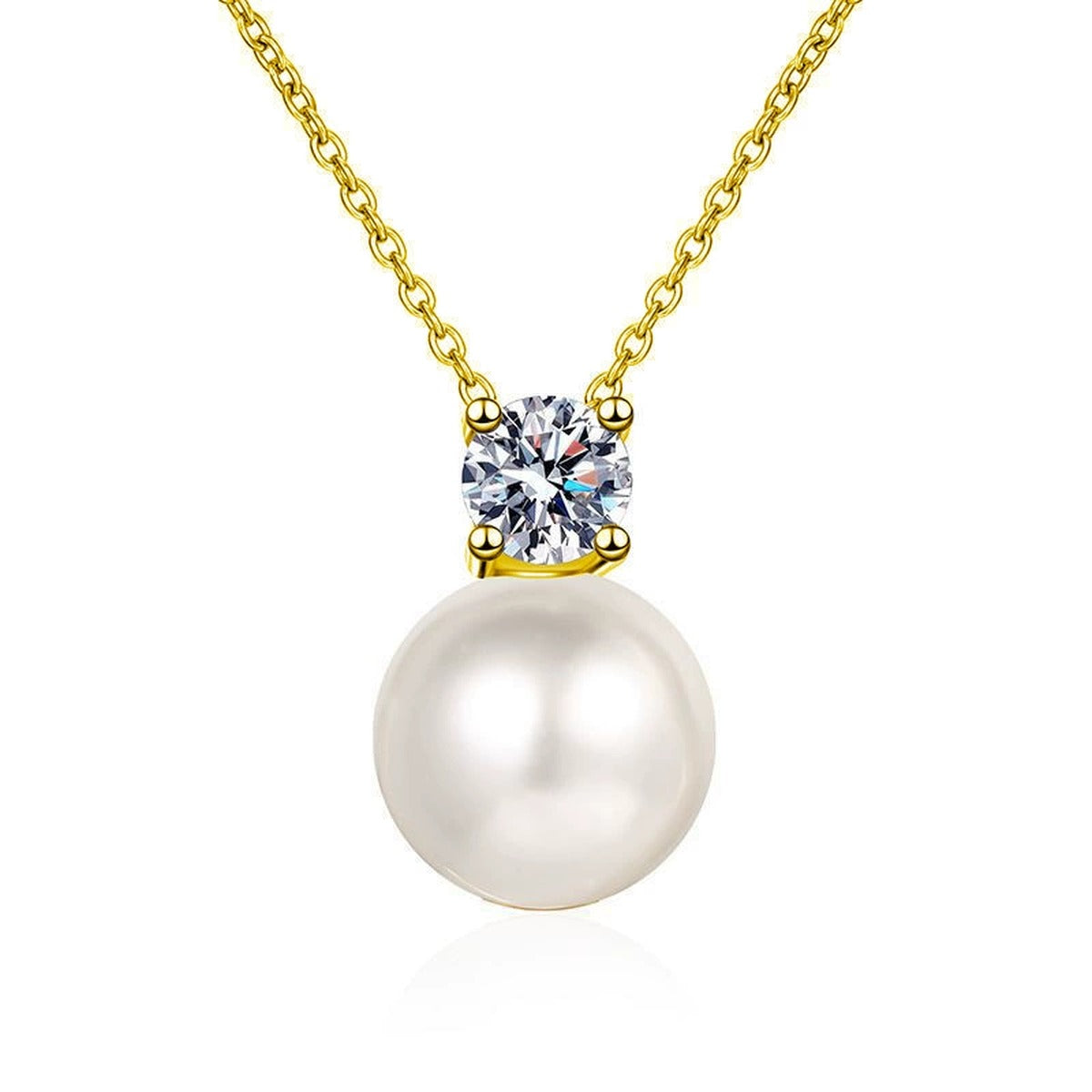 Pearl and Round Moissanite Drop Necklace in Gold-Plated S925 sterling silver white background front product view showing a near-round pearl suspended beneath a round moissanite