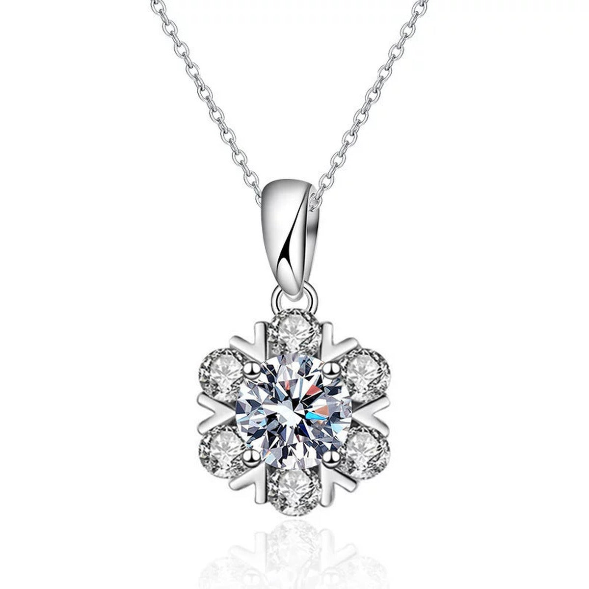 Snowflake Round Moissanite Necklace with CZ in Gold-Plated S925 sterling silver white background product photo showing snowflake pendant with round moissanite center in white gold or yellow gold plating