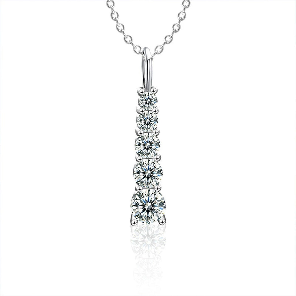 Vertical Five-Stone Moissanite Necklace in Gold-Plated S925 sterling silver white background product photo showing vertical five-stone pendant with graduated round moissanite stones in white gold or yellow gold plating