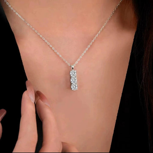 Bar Round Moissanite Necklace in Gold-Plated S925 sterling silver neckline model view showing pendant scale and chain length