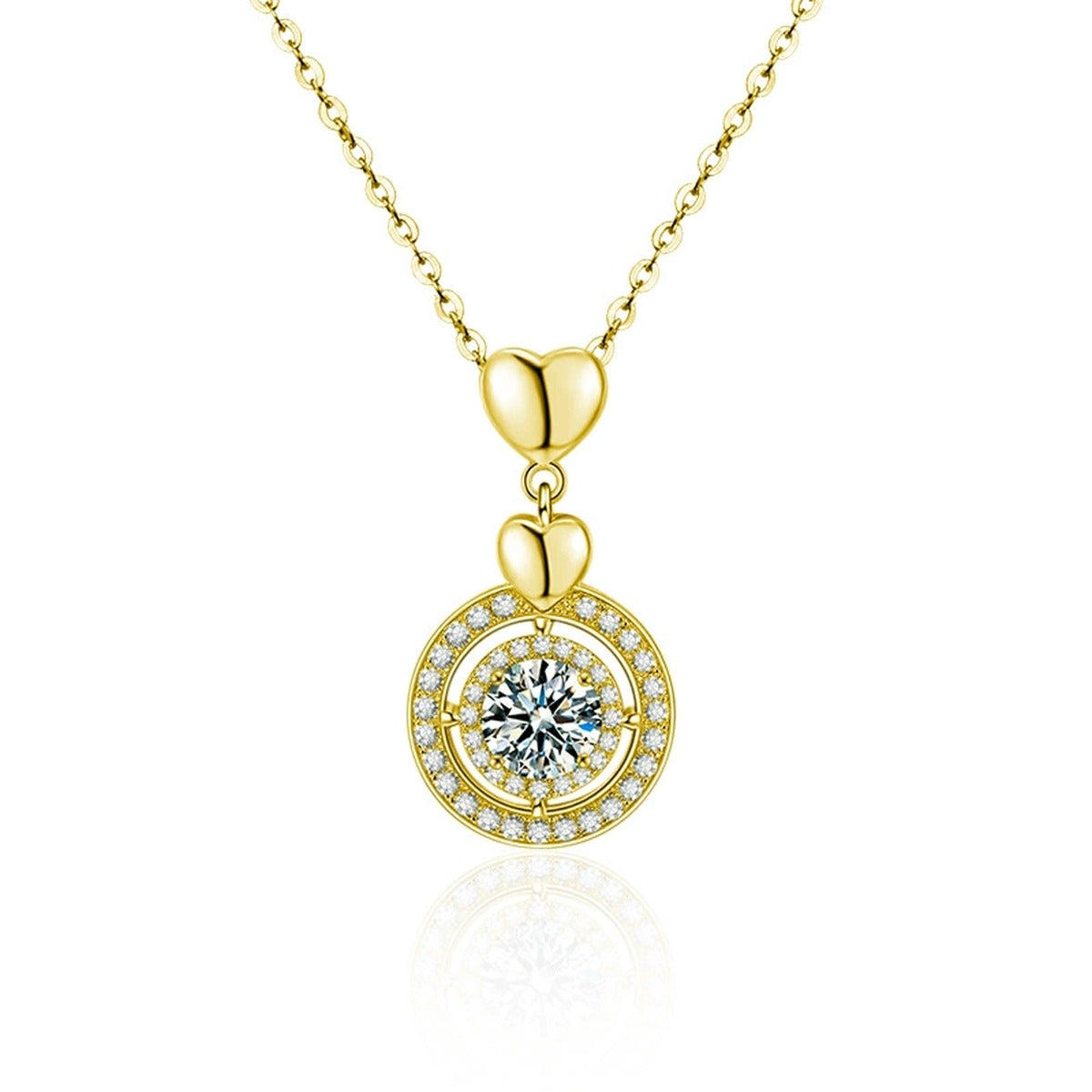 Heart Circle Round Moissanite Necklace with CZ in Gold-Plated S925 sterling silver white background product photo showing heart and circle pendant with a 1 ct round moissanite and CZ accents