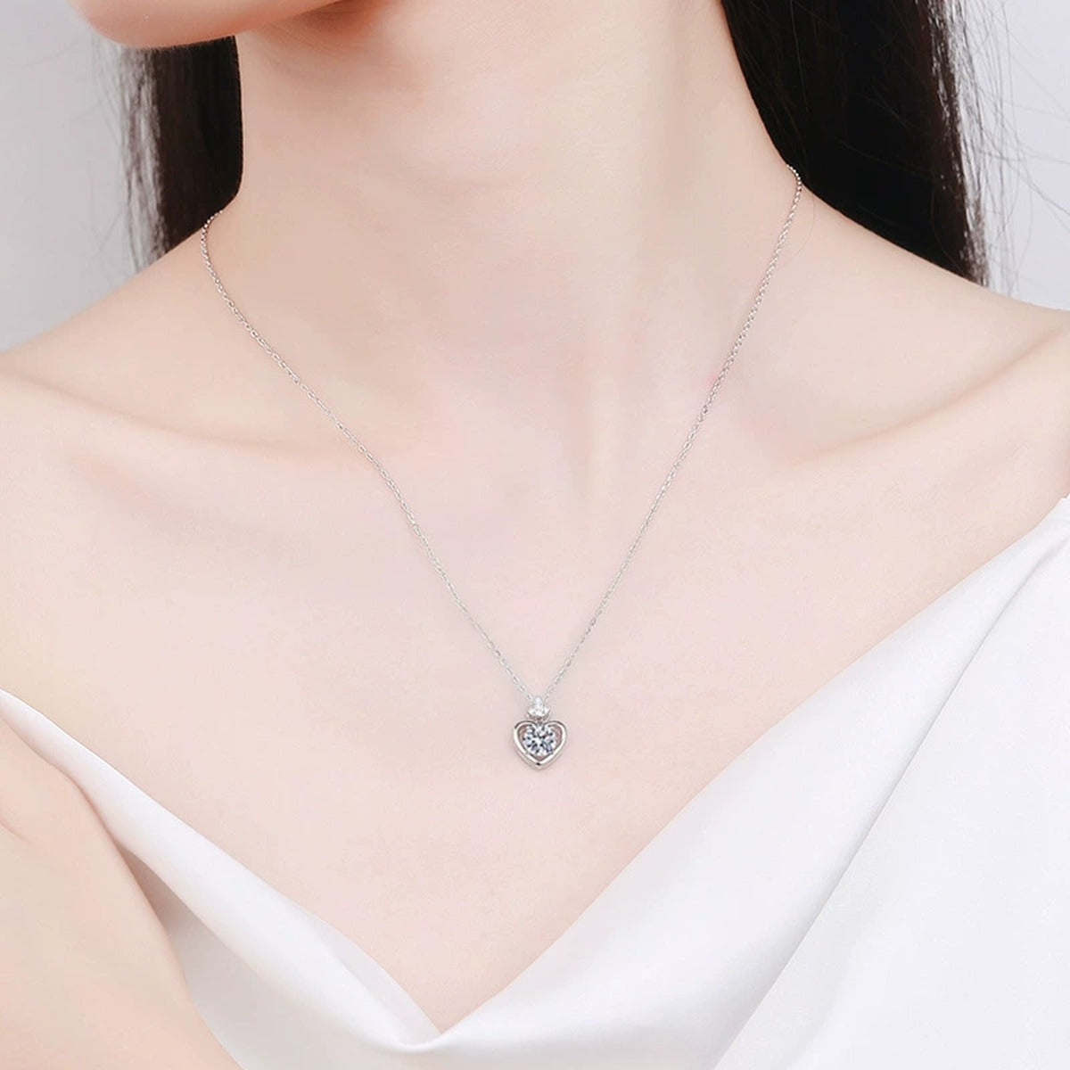 Leaf Heart Moissanite Necklace with CZ in Gold-Plated S925 sterling silver neckline model view showing pendant scale and chain length