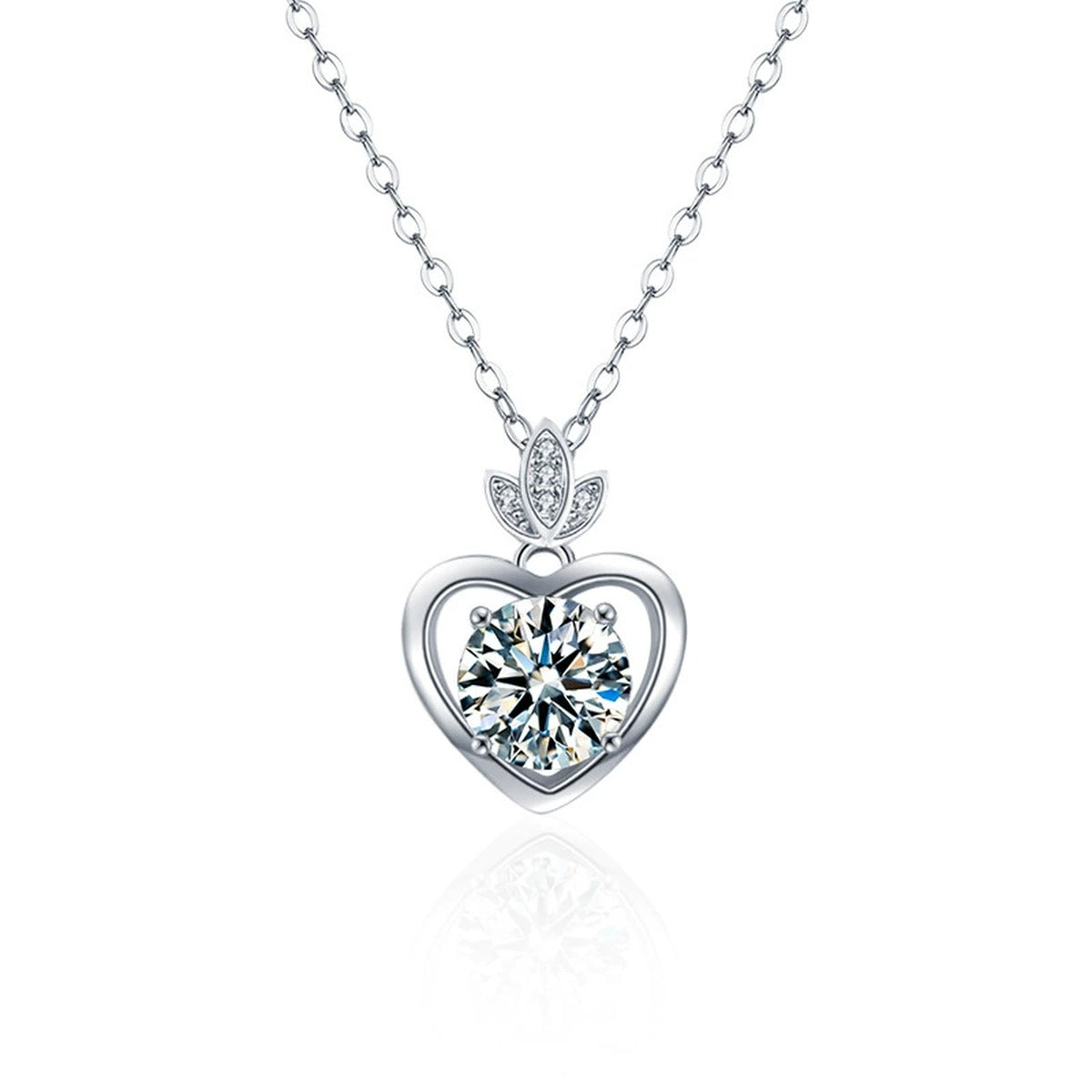 Leaf Heart Moissanite Necklace with CZ in Gold-Plated S925 sterling silver alternate metal color white background product view showing leaf-topped heart pendant framing a heart-cut moissanite