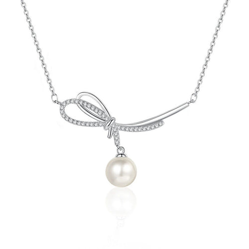 Bowknot Pearl and Moissanite Necklace in White Gold-Plated S925 sterling silver white background product photo showing bowknot pendant with a near-round pearl drop and small round moissanite accent