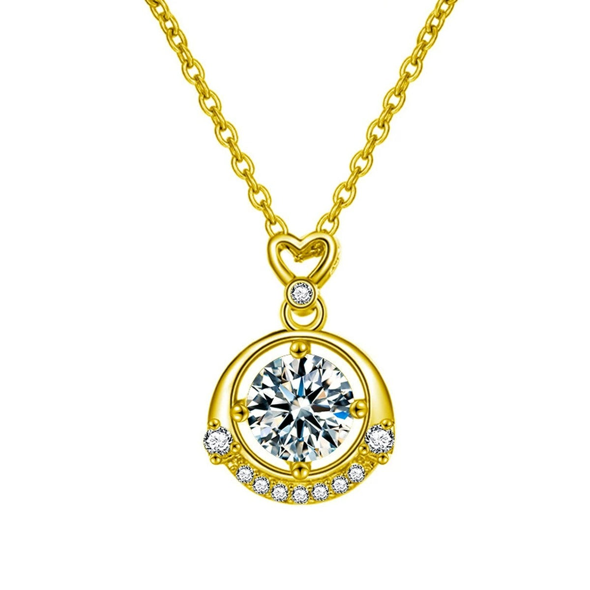 Heart Round Moissanite Necklace with CZ in Gold-Plated S925 sterling silver white background product photo showing heart-top round moissanite pendant with CZ accents