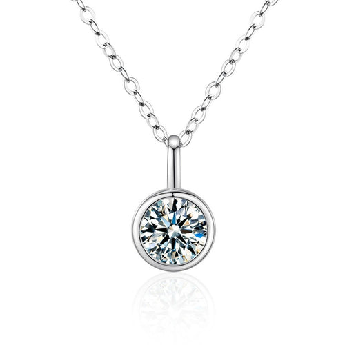 Bead Solitaire Round Moissanite Necklace with CZ in White Gold-Plated S925 sterling silver white background product photo showing bead-framed solitaire pendant with a 1 ct round moissanite center and CZ accents