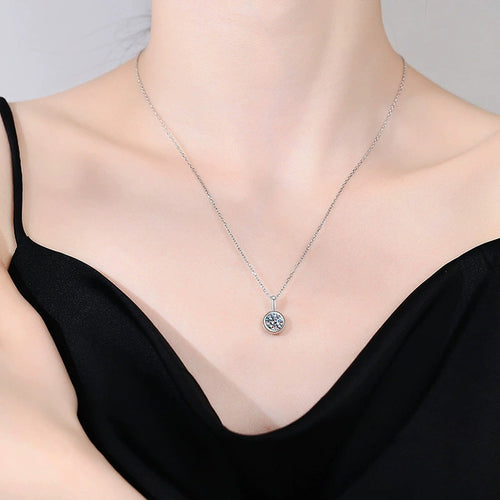 Bead Solitaire Round Moissanite Necklace with CZ in White Gold-Plated S925 sterling silver neckline model view showing pendant scale and chain length