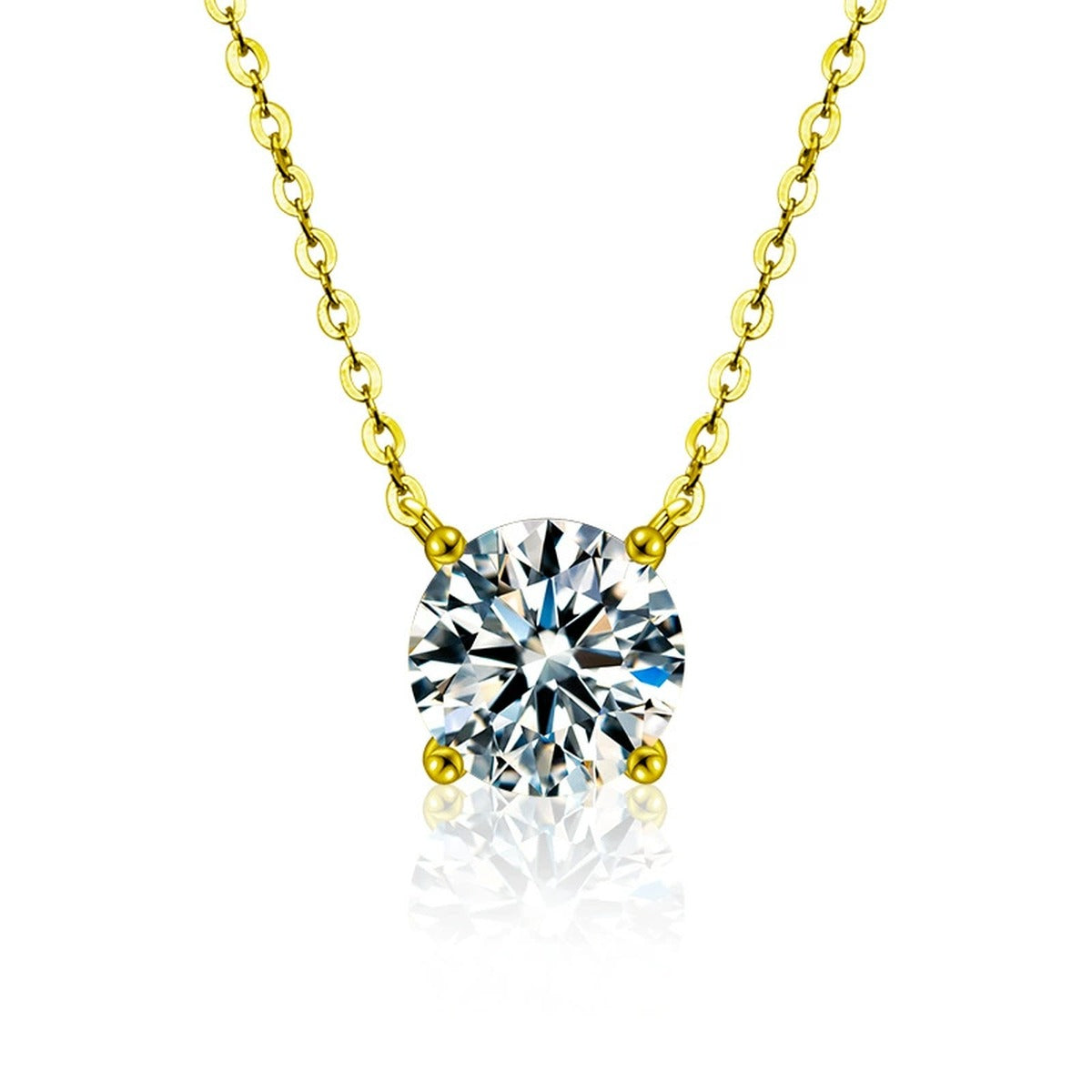 Four-Prong Round Moissanite Solitaire Necklace in Gold-Plated S925 sterling silver white background front product view showing a low-profile four-prong solitaire with white or iridescent moissanite