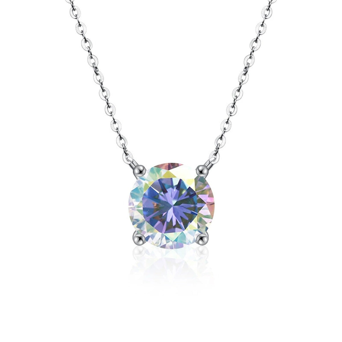 Four-Prong Round Moissanite Solitaire Necklace in Gold-Plated S925 sterling silver alternate metal color white background product view showing a low-profile four-prong solitaire with white or iridescent moissanite