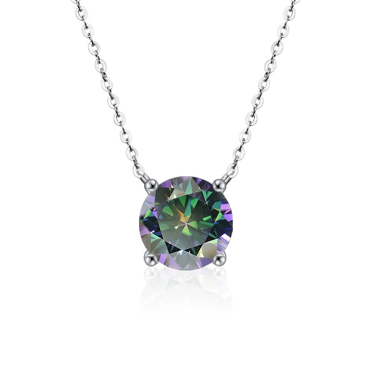 Four-Prong Round Moissanite Solitaire Necklace in Gold-Plated S925 sterling silver alternate metal color white background product view showing a low-profile four-prong solitaire with white or iridescent moissanite