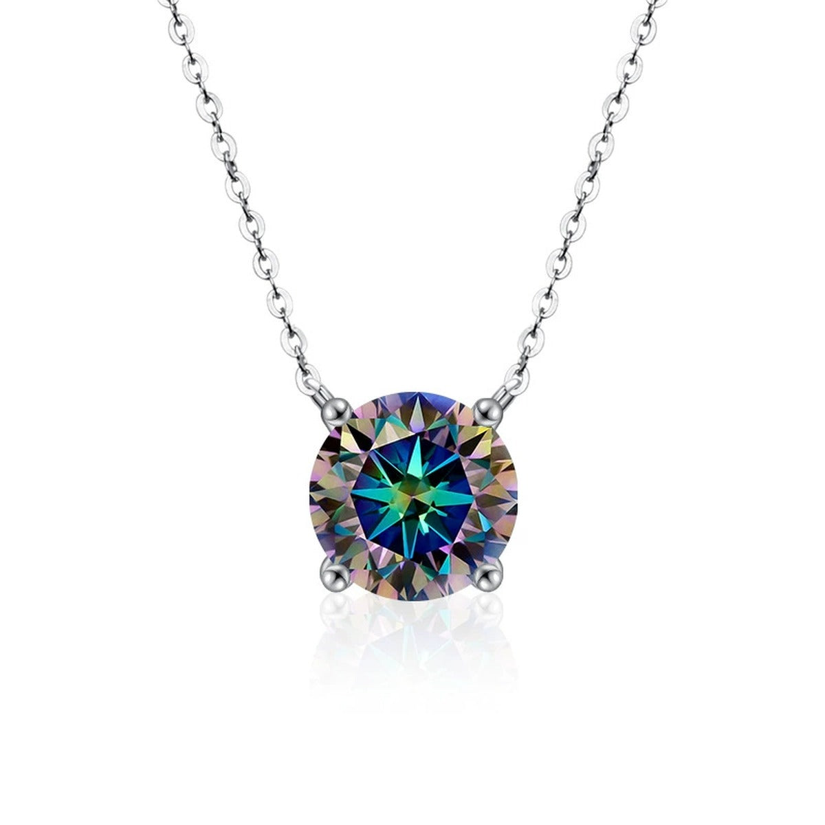 Four-Prong Round Moissanite Solitaire Necklace in Gold-Plated S925 sterling silver alternate metal color white background product view showing a low-profile four-prong solitaire with white or iridescent moissanite