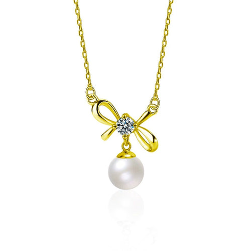 Bowknot Round Moissanite and Pearl Necklace in Gold-Plated S925 sterling silver white background front product view showing an airy bowknot set with a round moissanite above a pearl drop