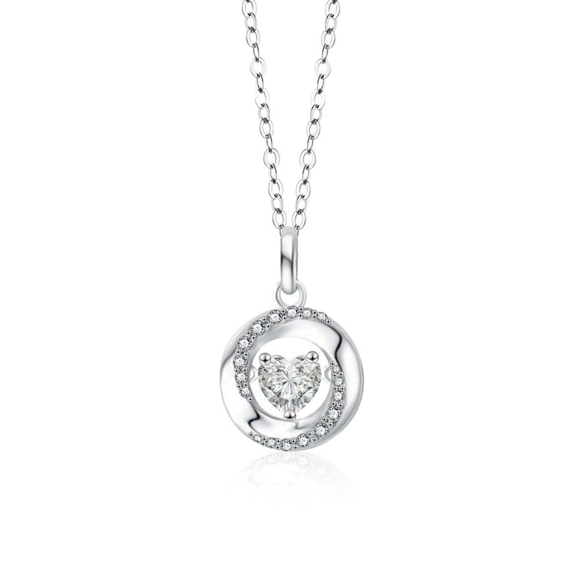 Mobius Couples Necklace with Heart Cut Moissanite in White Gold-Plated S925 sterling silver white background product photo showing mobius ring couples necklace with a plain men's pendant and heart-cut moissanite women's pendant