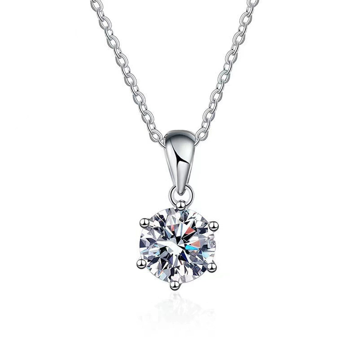 Six-Prong Round Moissanite Necklace in Gold-Plated S925 sterling silver white background product photo showing six-prong solitaire pendant with round moissanite center in white gold or yellow gold plating