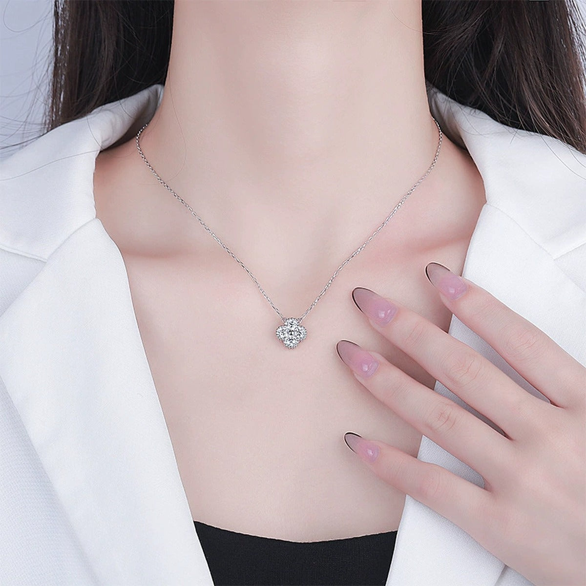 Four-Leaf Clover Round Moissanite Necklace in Gold-Plated S925 sterling silver neckline model view showing pendant scale and chain length