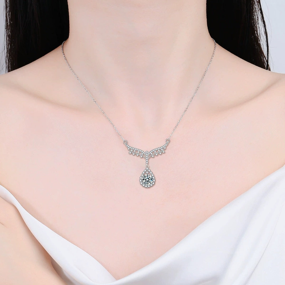 Angel Teardrop Round Moissanite Necklace with CZ in White Gold-Plated S925 sterling silver neckline model view showing pendant scale and chain length