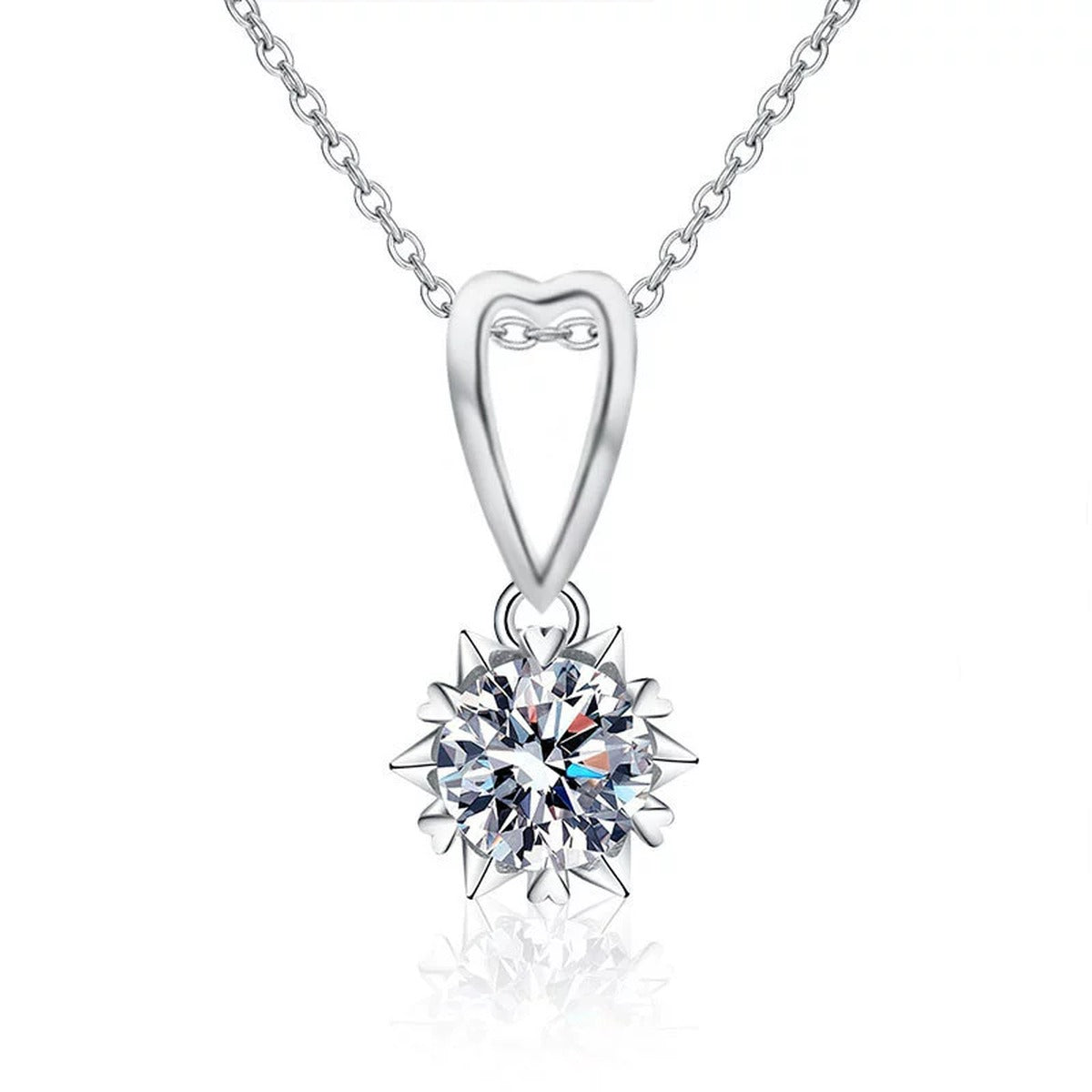 Snowflake Heart Round Moissanite Necklace in Gold-Plated S925 sterling silver white background product photo showing snowflake and heart solitaire pendant with a 1 ct round moissanite in yellow and white gold-plated finishes