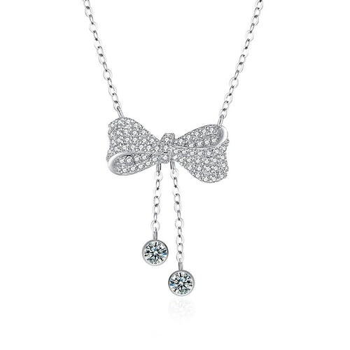 Bowknot Tassel Moissanite Necklace with CZ in White Gold-Plated S925 sterling silver white background product photo showing bowknot pendant with tassel drop and small round moissanite accents