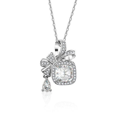 Bowknot Cushion Cut Moissanite Necklace with CZ in White Gold-Plated S925 sterling silver white background product photo showing bowknot and sugar-cube pendant with a 1.5 ct cushion-cut moissanite and CZ accents