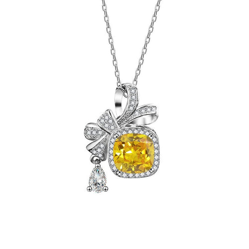 Bowknot Cushion Cut Moissanite Necklace with CZ in White Gold-Plated S925 sterling silver white background product photo showing bowknot and sugar-cube pendant with a 1.5 ct cushion-cut moissanite and CZ accents