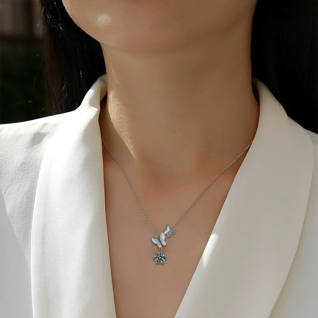 Butterfly Round Moissanite Necklace with CZ in White Gold-Plated S925 sterling silver neckline model view showing pendant scale and chain length