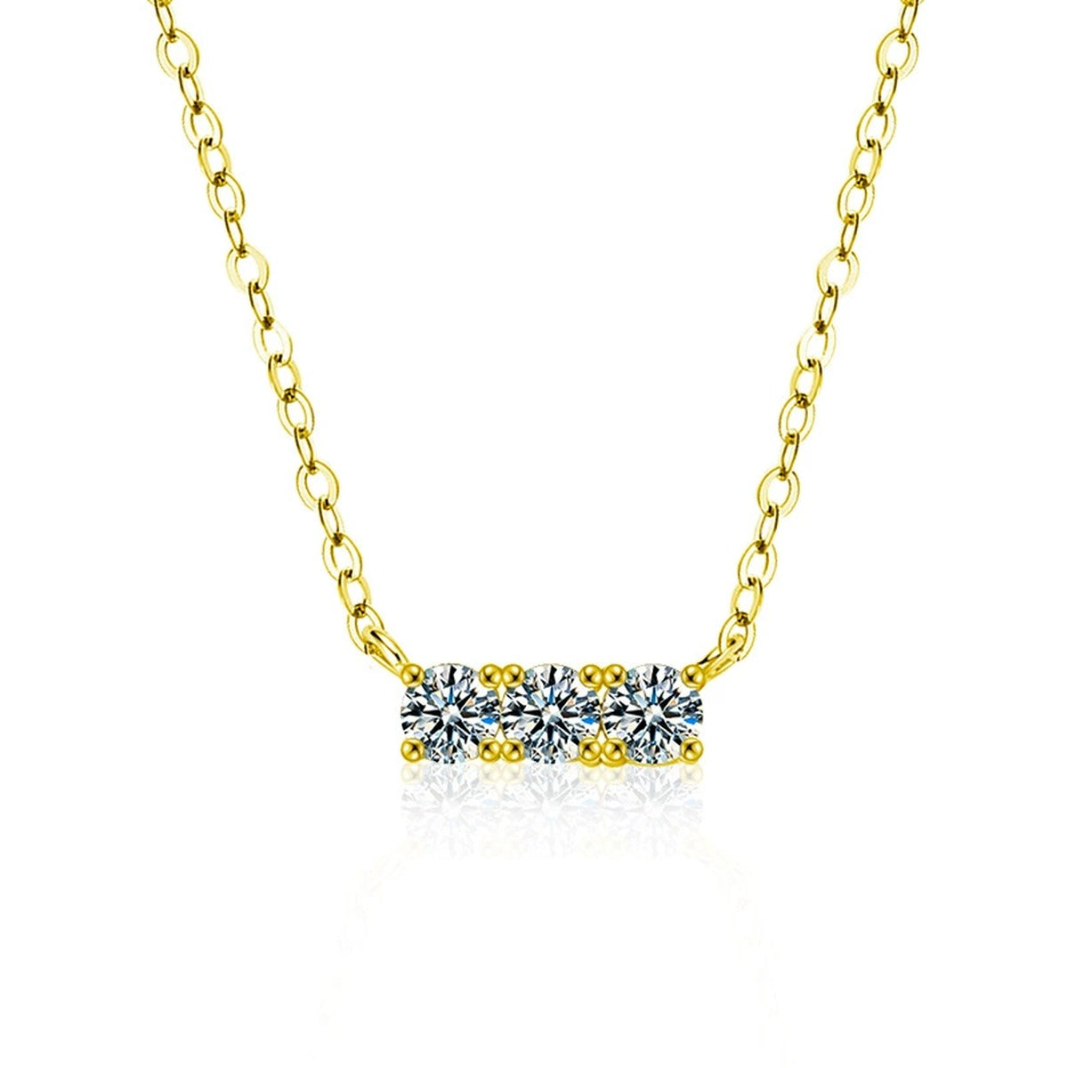 Horizontal Three-Stone Moissanite Bar Necklace in Gold-Plated S925 sterling silver white background product photo showing horizontal three-stone bar necklace with round moissanite accents