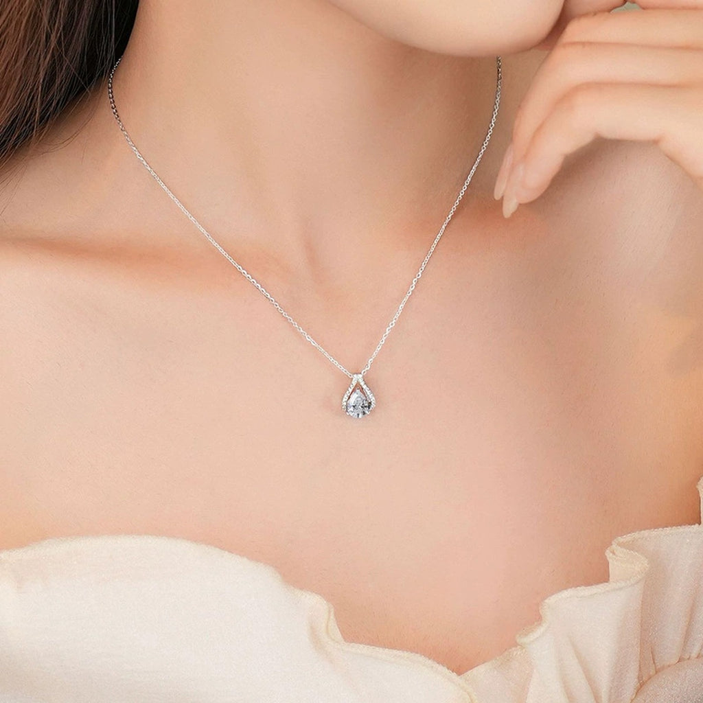 Teardrop Pear Cut Moissanite Necklace with CZ in Gold-Plated S925 sterling silver neckline model view showing pendant scale and chain length