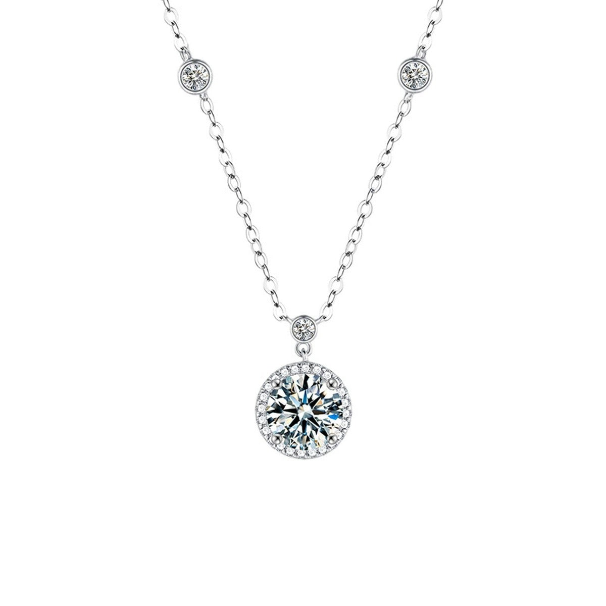 Solitaire Round Moissanite Necklace in Gold-Plated S925 sterling silver white background product photo showing round solitaire moissanite pendant on a delicate station chain