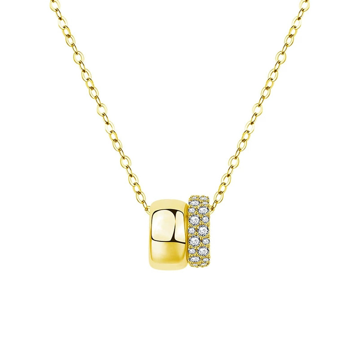 Double Circle Moissanite Necklace in Gold-Plated S925 sterling silver white background product photo showing double circle pendant with small round moissanite accents