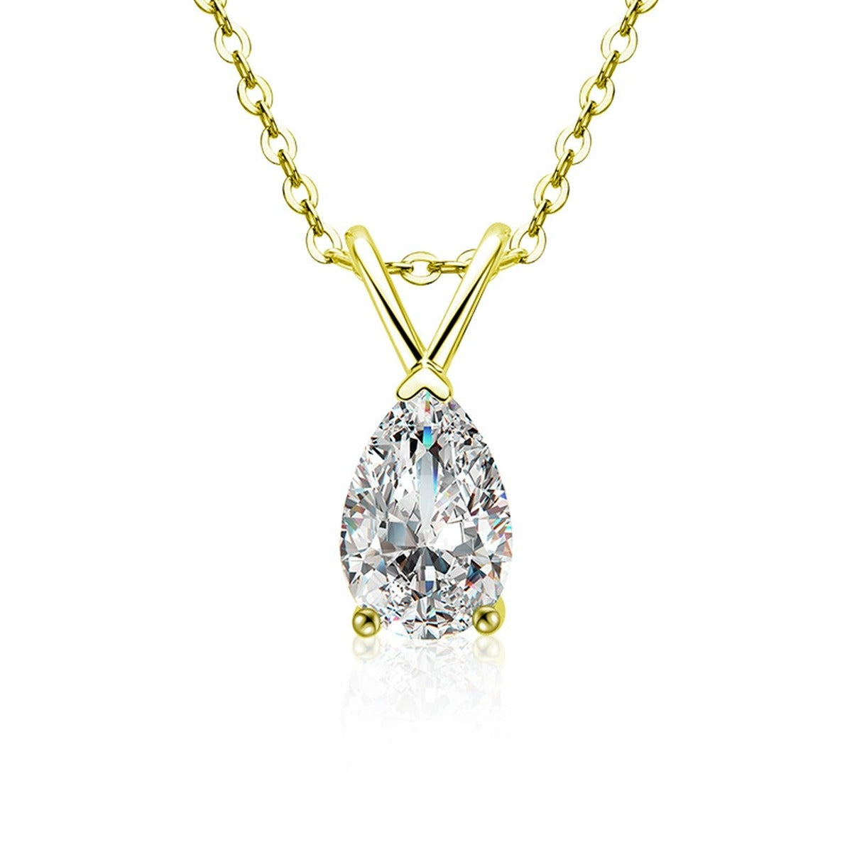 Pear Cut Moissanite Solitaire Necklace in Gold-Plated S925 sterling silver white background front product view showing an elongated pear-cut solitaire suspended from a sculptural V bail
