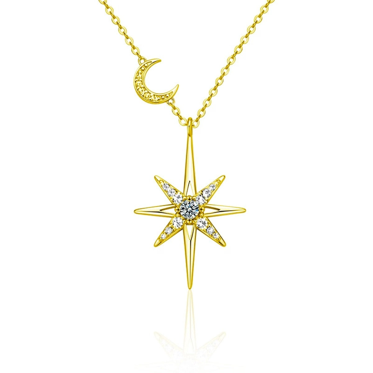 Moon and Star Round Moissanite Necklace with CZ in Gold-Plated S925 sterling silver white background front product view showing a crescent moon linked to an elongated starburst pendant