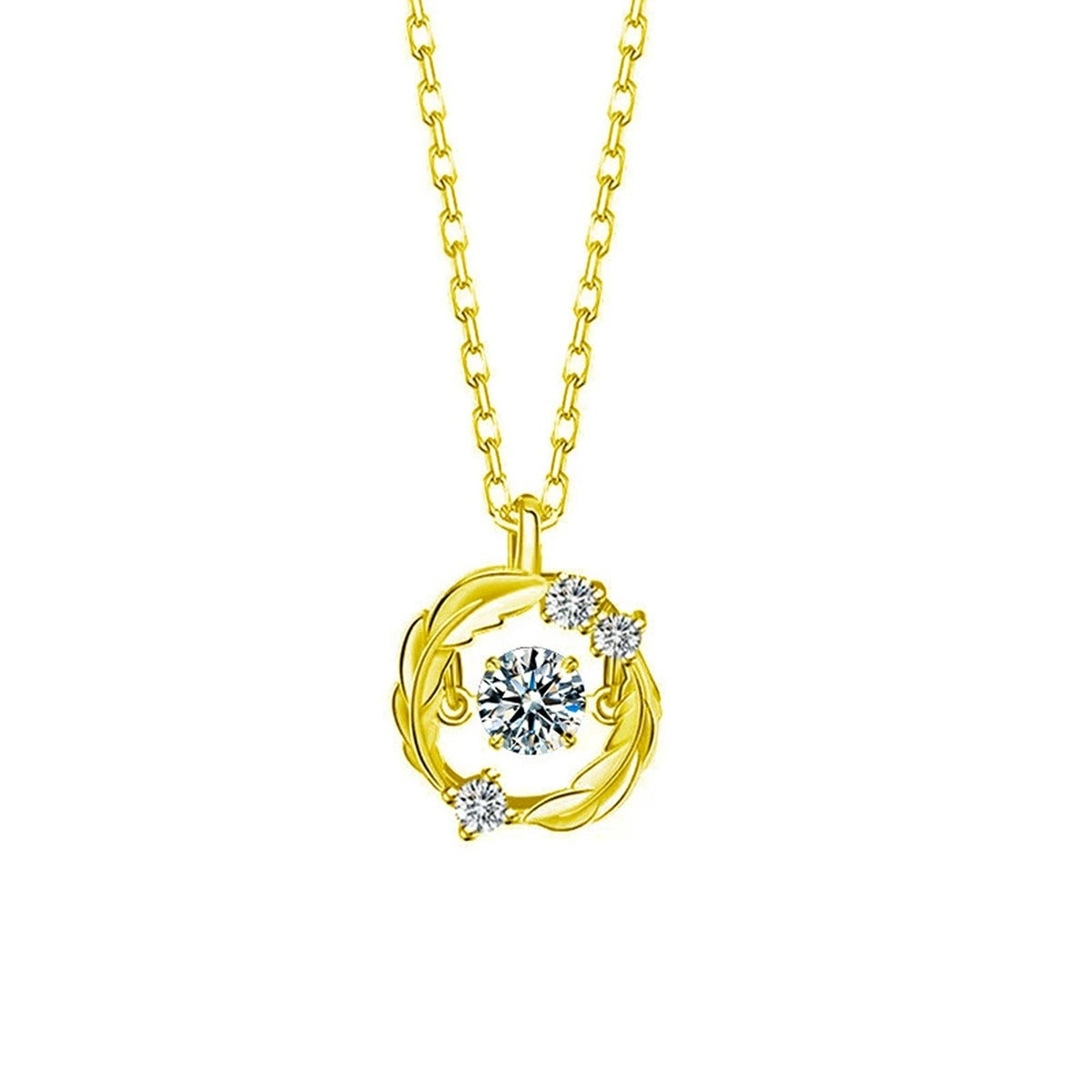 Feather Circle Round Moissanite Necklace with CZ in Gold-Plated S925 sterling silver white background product photo showing feather circle pendant with a 0.5 ct round moissanite and CZ accents