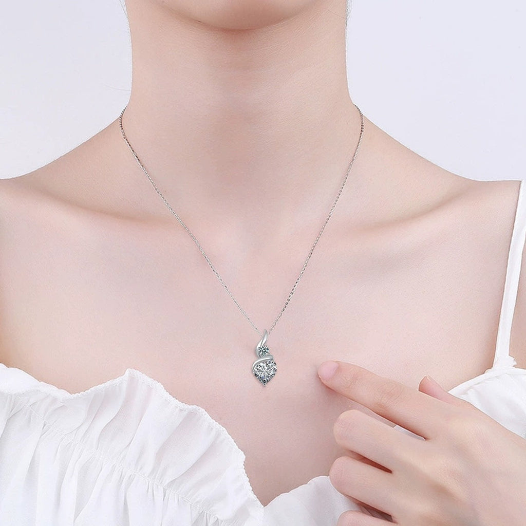 Teardrop Heart Cut Moissanite Necklace with CZ in Gold-Plated S925 sterling silver neckline model view showing pendant scale and chain length