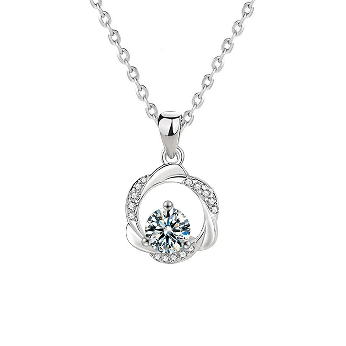 Mobius Ring Round Moissanite Necklace with CZ in Gold-Plated S925 sterling silver white background product photo showing mobius ring pendant with a round moissanite and CZ accents
