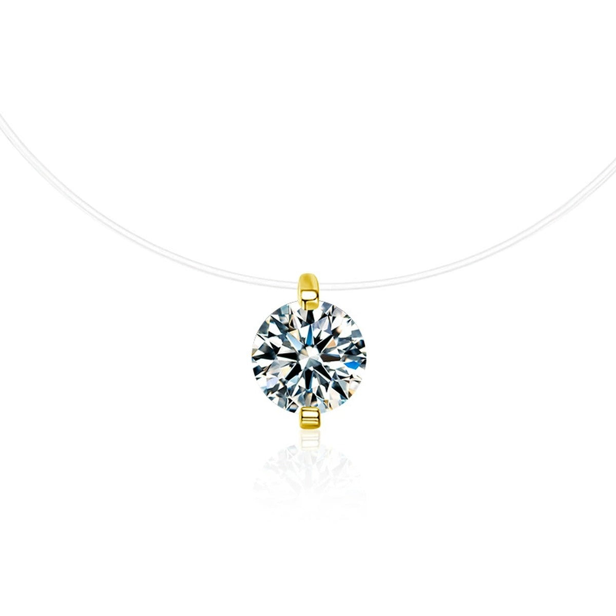 Round Moissanite Solitaire Illusion Necklace in Gold-Plated S925 sterling silver white background front product view showing a floating round solitaire on a nearly invisible line